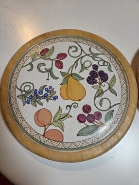 Two Dansk Umbrian Fruits Round Wooden & Ceramic Serving Trivets